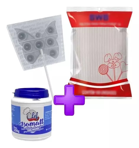 Kit Molde Pirulito Fidget 6cm Borboleta, Isomalt, 100palitos
