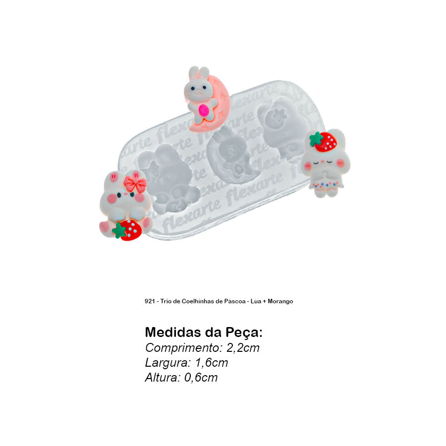 Molde de Silicone 921 - Trio de Coelhinhas de Páscoa - Lua + Morango