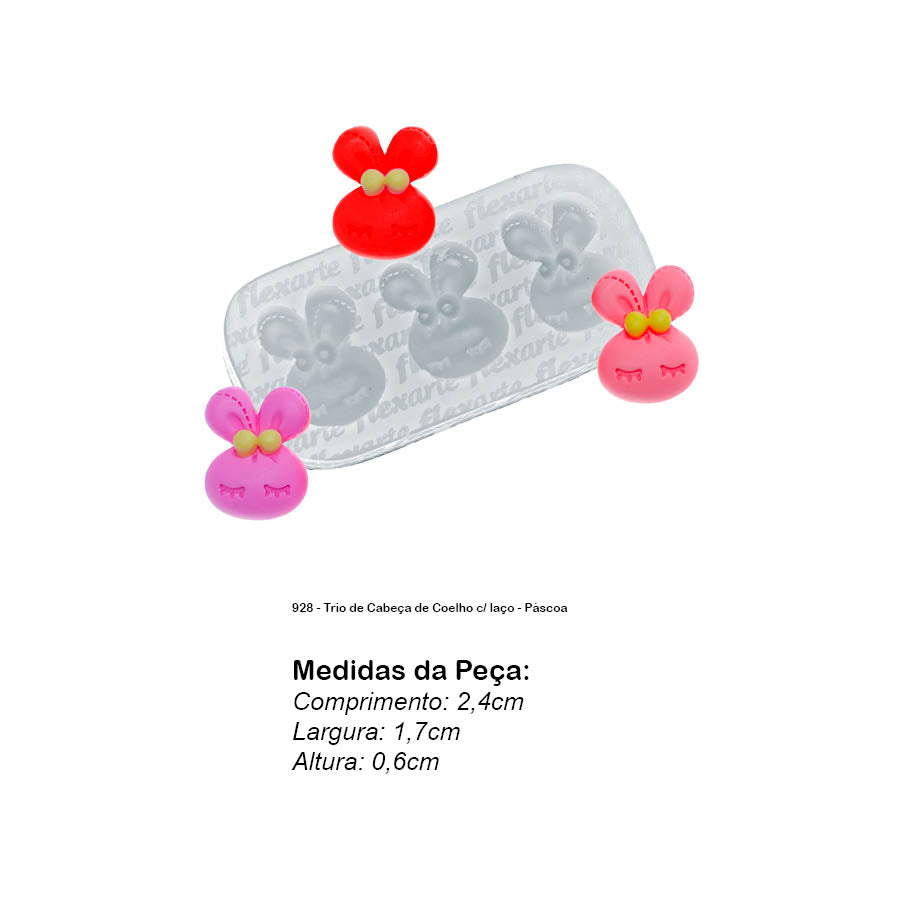 Molde de Silicone 928 - Trio de Cabeça de Coelho c/ laço - Páscoa