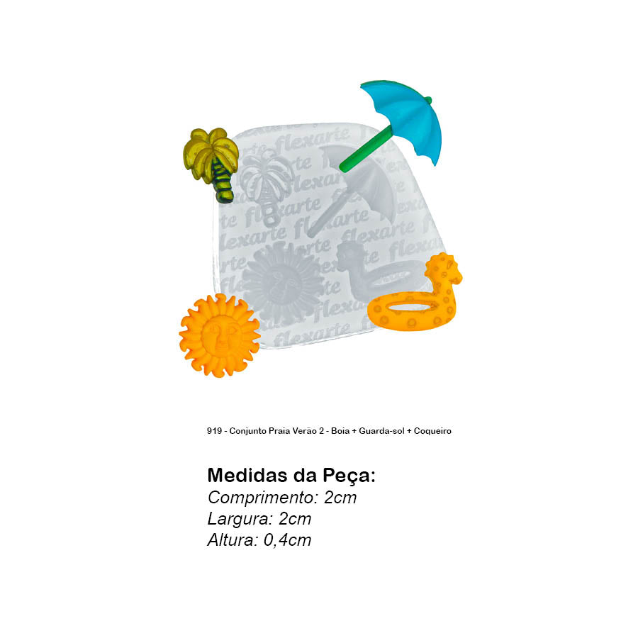 Molde de Silicone 919 - Conjunto Praia Verão 2 - Boia + Guarda-sol + Coqueiro