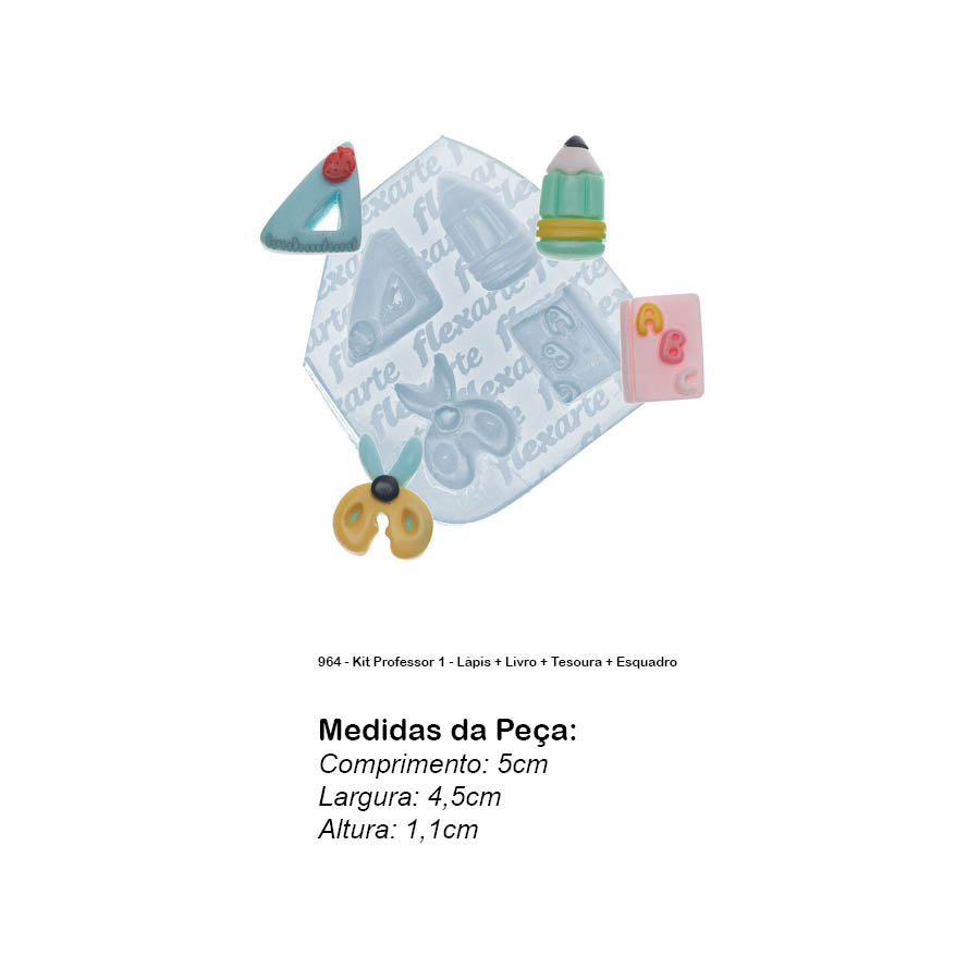 Molde de Silicone 964 - Kit Professor 1 - Lápis + Livro + Tesoura + Esquadro