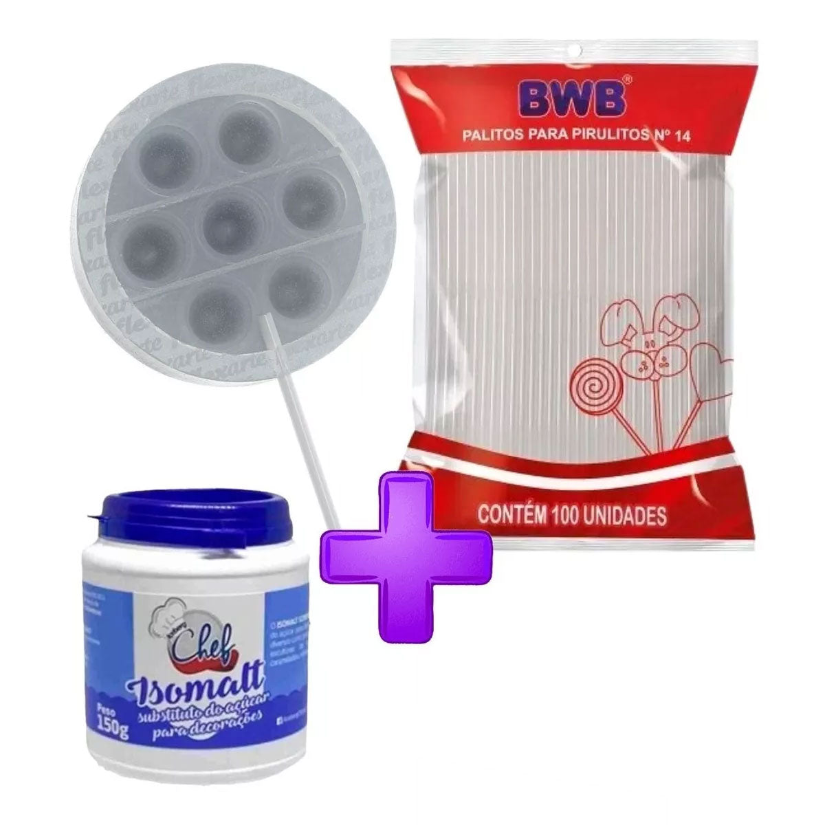 Kit Molde Pirulito Fidget 6cm Redondo + Isomalt + 100palitos