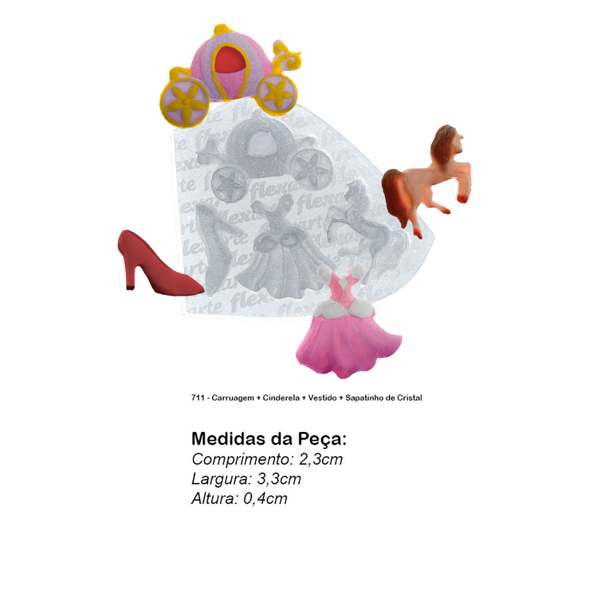 Molde de Silicone 711 - Carruagem + Cinderela + Vestido + Sapatinho de Cristal