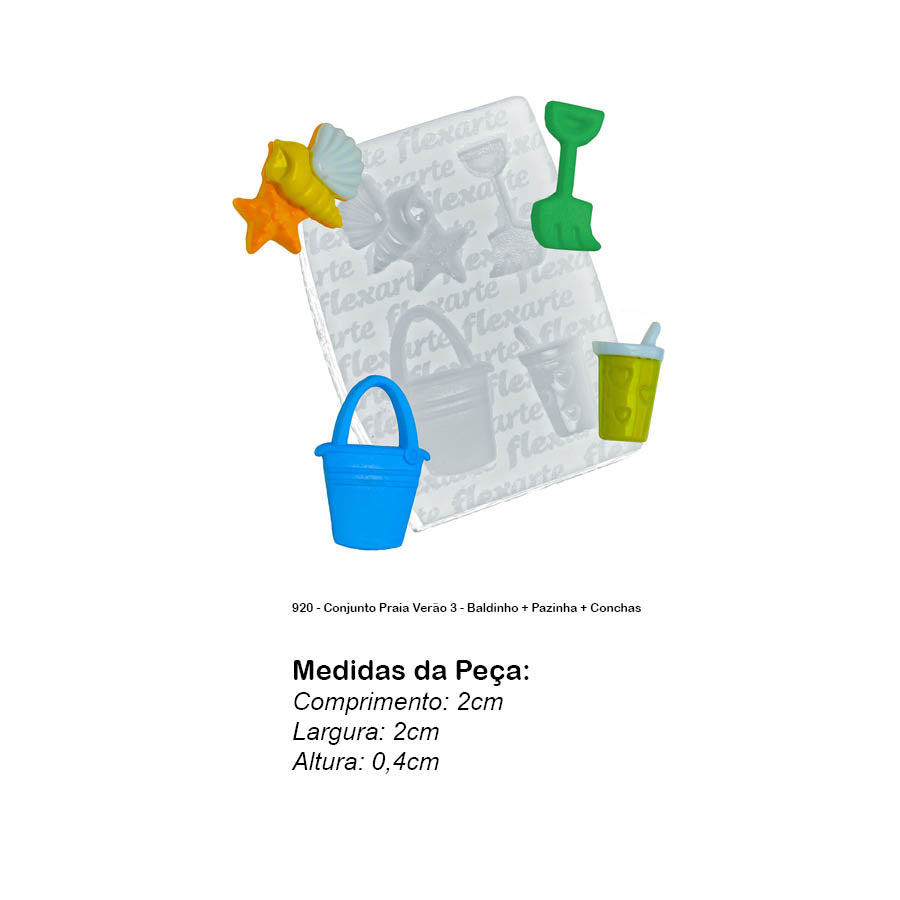 Molde de Silicone 920 - Conjunto Praia Verão 3 - Baldinho + Pazinha + Conchas