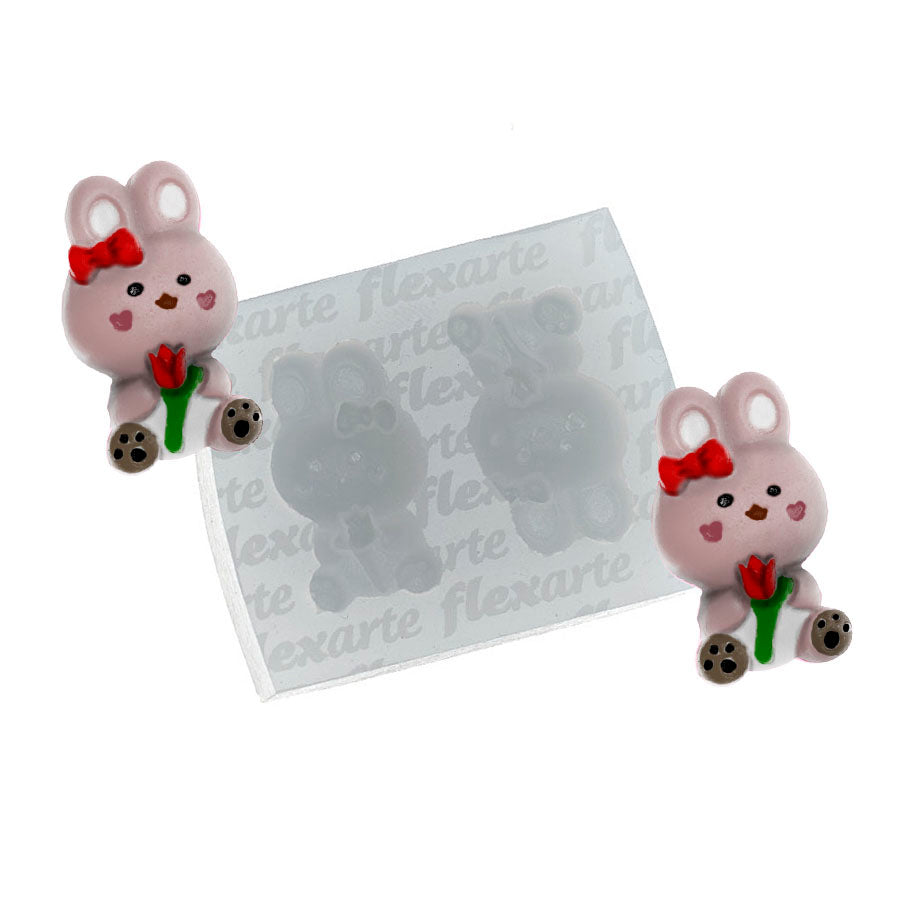 Molde de Silicone 821 - Dupla de Coelhos Peq - c/ Flor e Laço