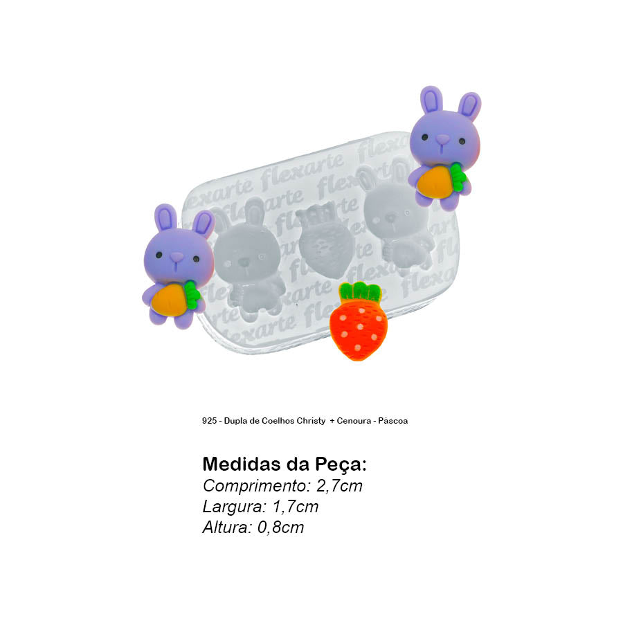 Molde de Silicone 925 - Dupla de Coelhos Christy + Cenoura - Páscoa