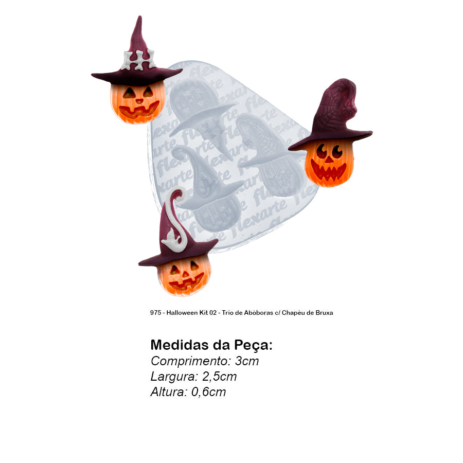 Molde de Silicone 975 - Halloween Kit 02 - Trio de Abóboras c/ Chapéu de Bruxa