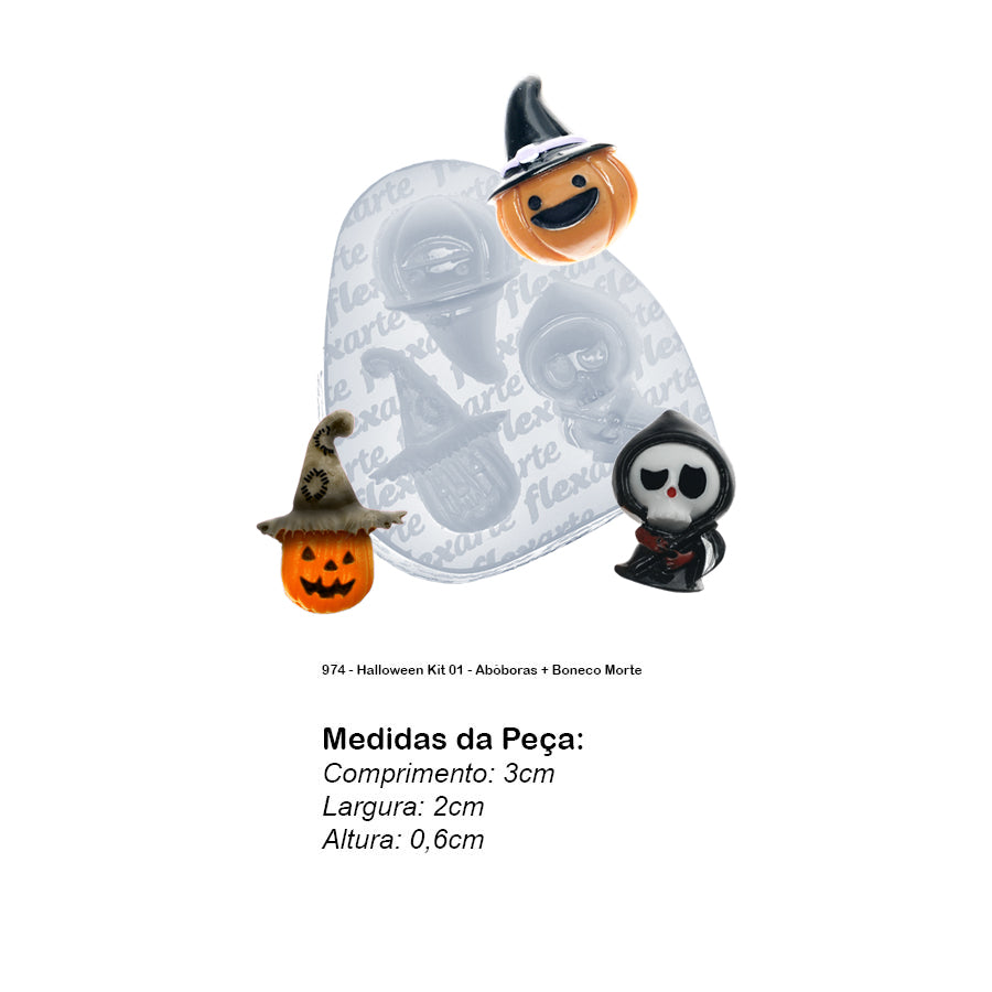 Molde de Silicone 974 - Halloween Kit 01 - Abóboras + Boneco Morte