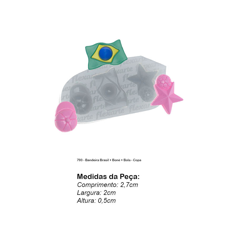 Molde de Silicone 793 - Bandeira Brasil + Boné + Bola - Copa