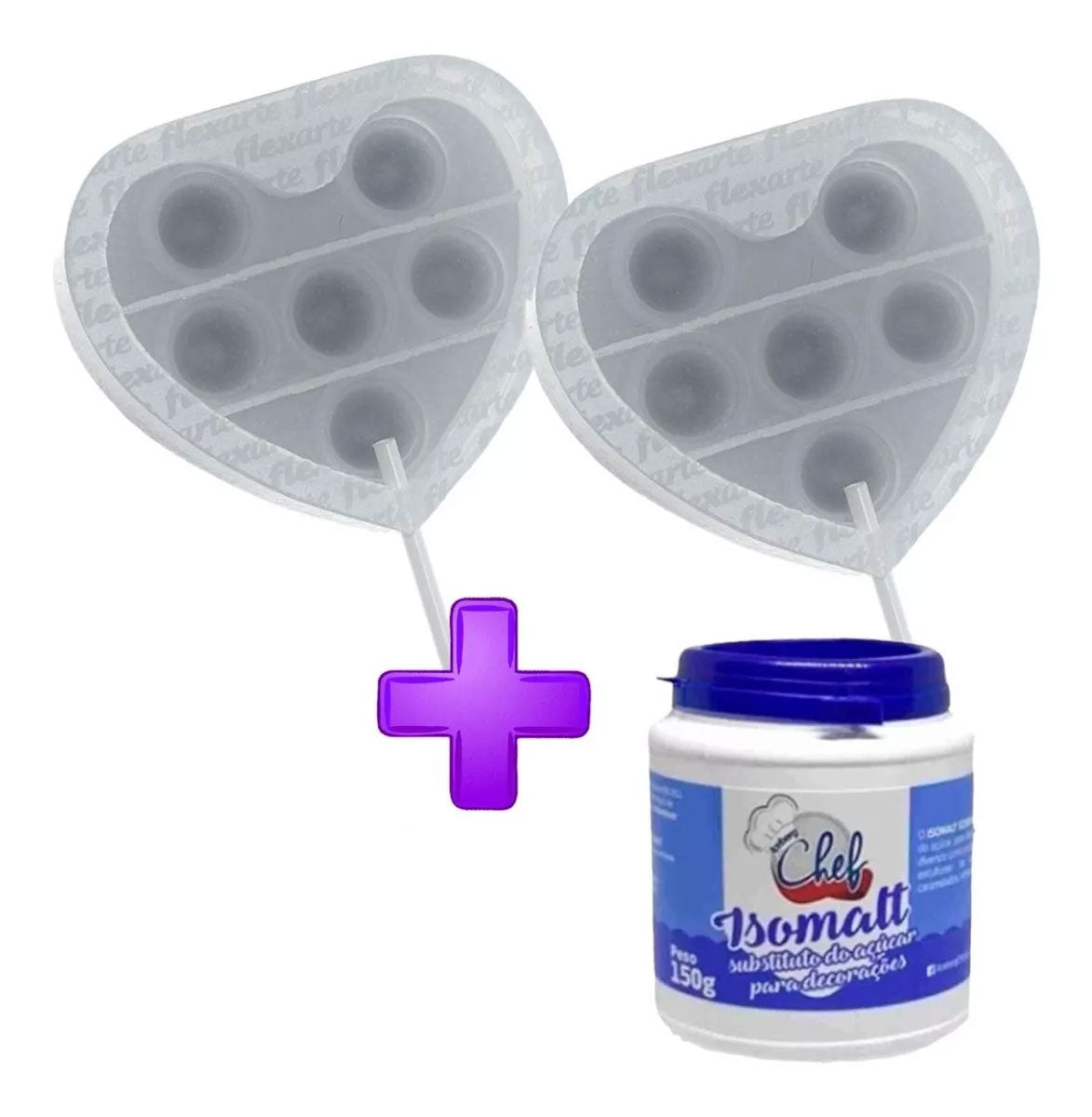 Kit C 2 Moldes Pirulitos Fidget 6,5cm Coração + Isomalt 150g