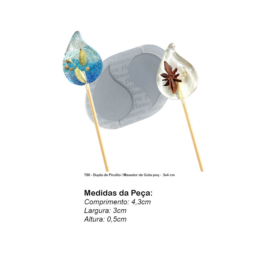Molde de Silicone 786 - Dupla de Pirulito / Mexedor de Gota peq - 3x4 cm