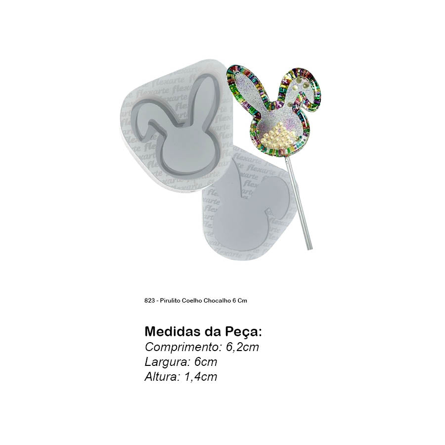 Molde de Silicone 823 - Pirulito Coelho Chocalho 6 Cm