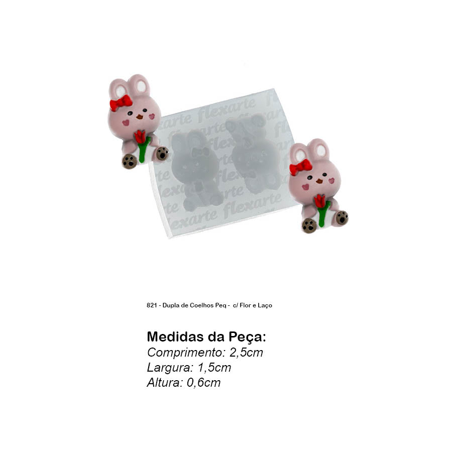 Molde de Silicone 821 - Dupla de Coelhos Peq - c/ Flor e Laço
