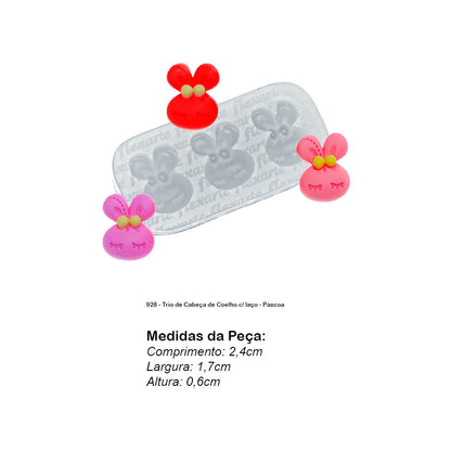 Molde de  Silicone 928 - Trio de Cabeça de Coelho c/ laço - Páscoa