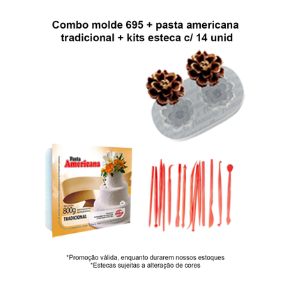 Kit 1 Combo molde 695 + pasta americana tradicional + kits esteca c/ 14 unid