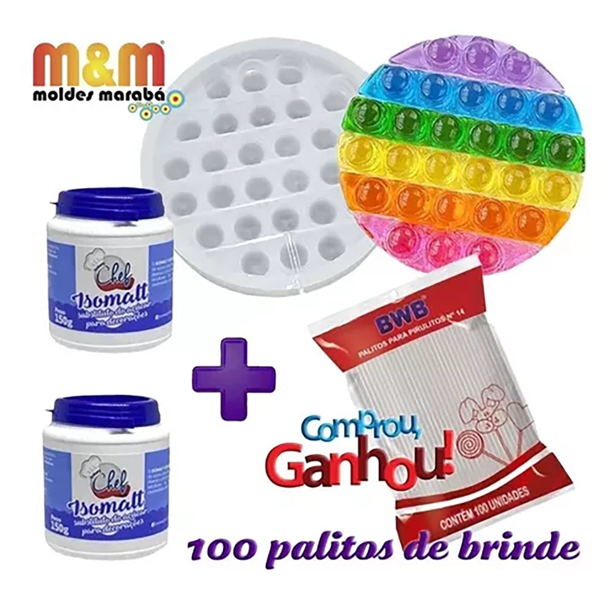 Molde Pirulito Fidget Pop It 12cm + 2 Isomalt 150gr + Brinde