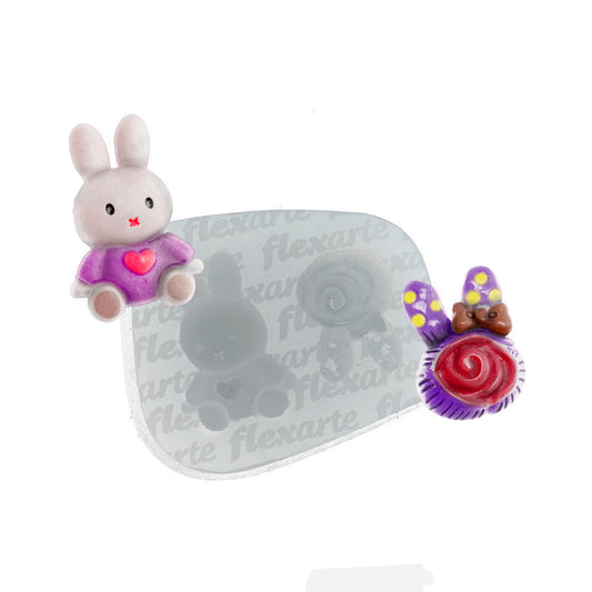 Molde de  Silicone 820 - Coelho c/ Coração + Coelho c/ Laço e Flor