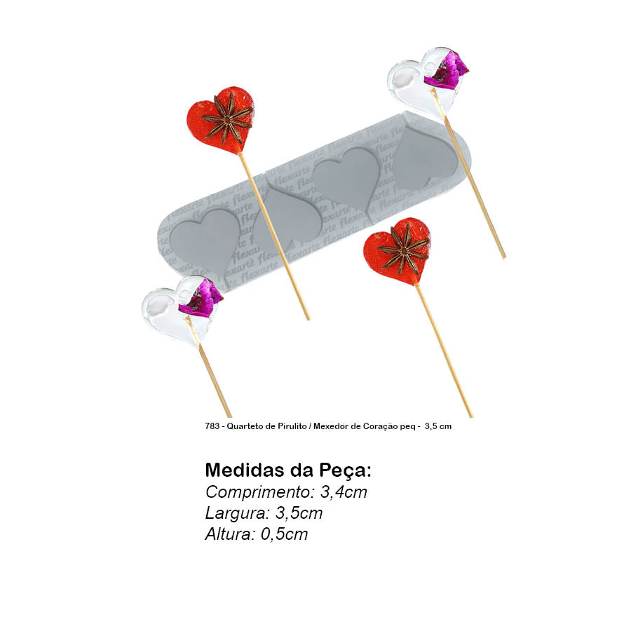 Molde de  Silicone 783 - Quarteto de Pirulito / Mexedor de Coração peq -  3,5 cm