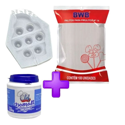 Kit Molde Pirulito Fidget 6cm Cupcake + Isomalt + 100palitos