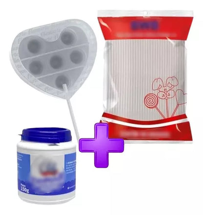 Kit Molde Pirulito Fidget 6,5cm Coração, Isomalt, 100palitos