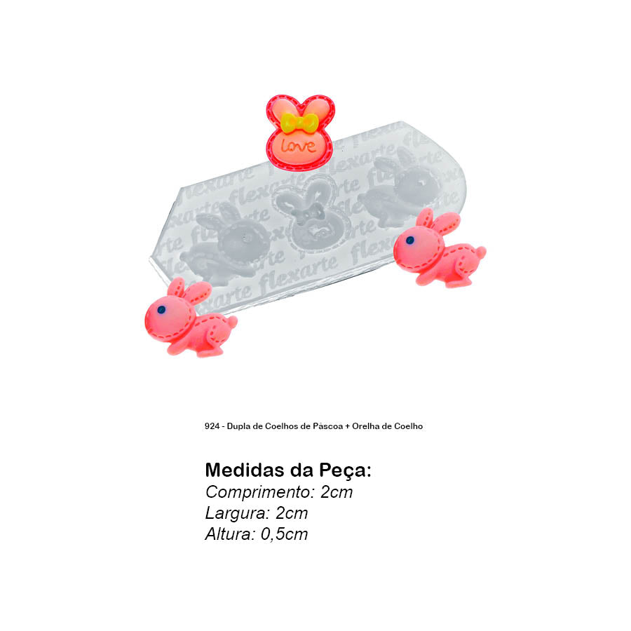 Molde de  Silicone 924 - Dupla de Coelhos de Páscoa + Orelha de Coelho