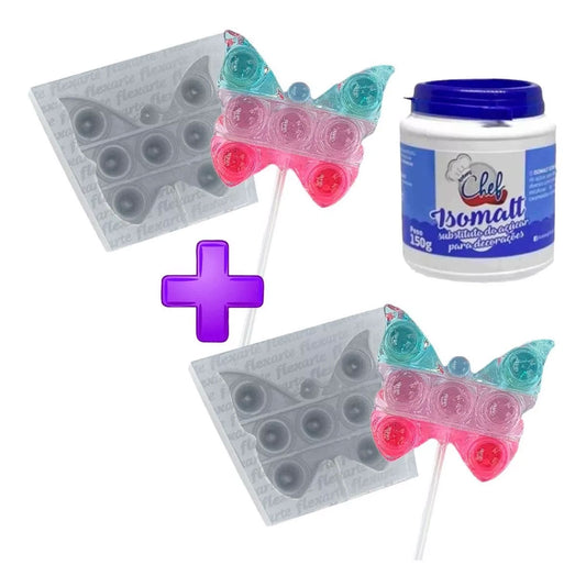 Kit 2 Moldes Pirulito Fidget Pop It Borboleta + Isomalt 150g