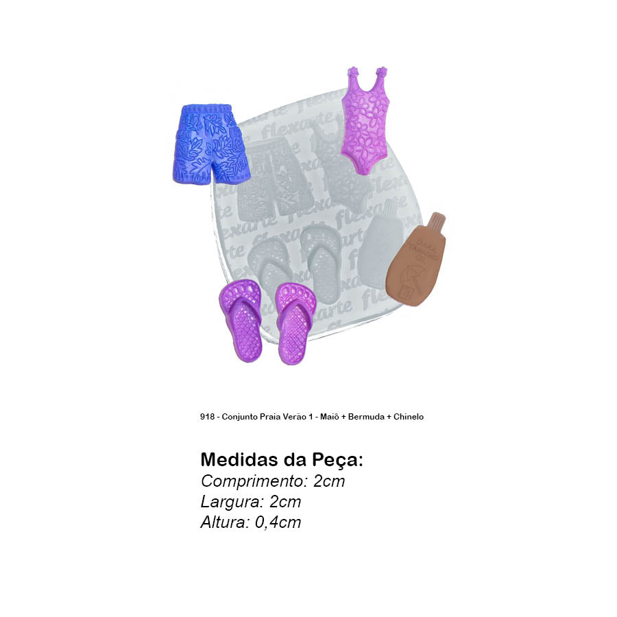 Molde de  Silicone 918 - Conjunto Praia Verão 1 - Maiô + Bermuda + Chinelo