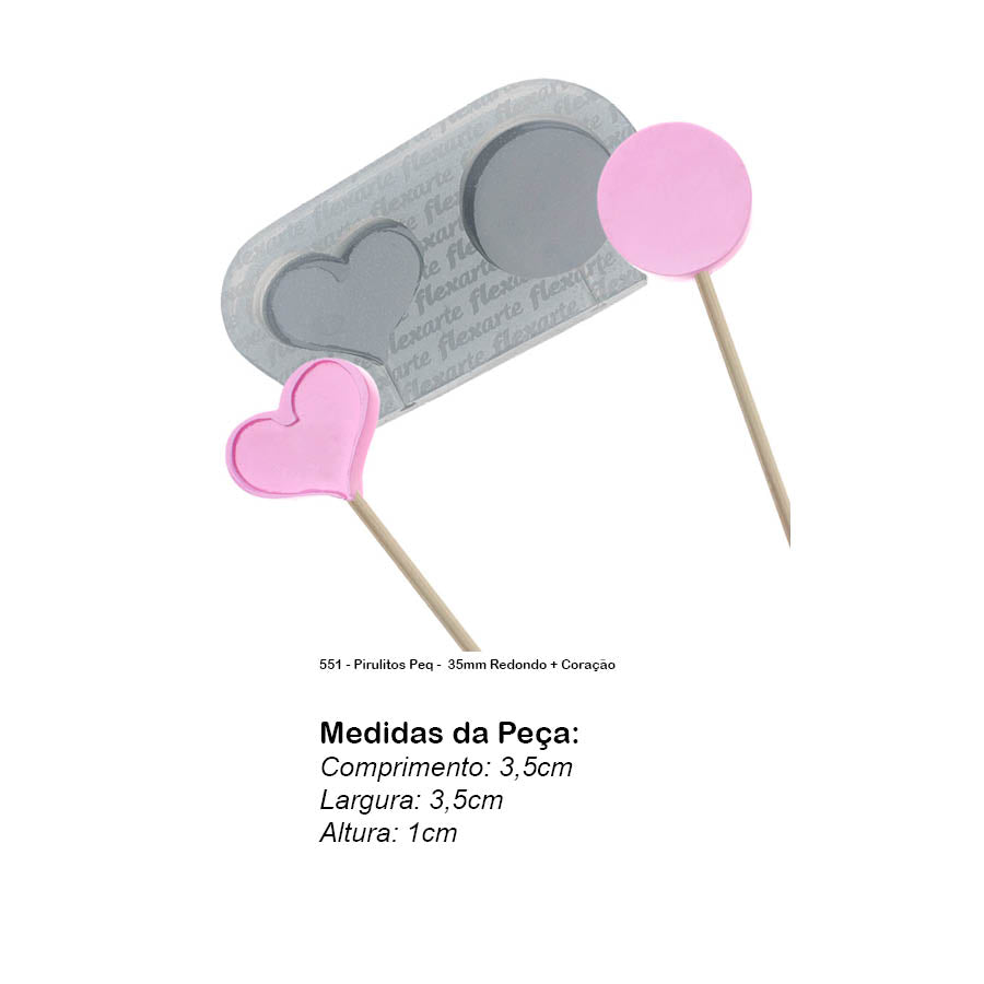 Molde de  Silicone 551 - Pirulitos Peq -  35mm Redondo + Coração