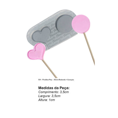 Molde de  Silicone 551 - Pirulitos Peq -  35mm Redondo + Coração