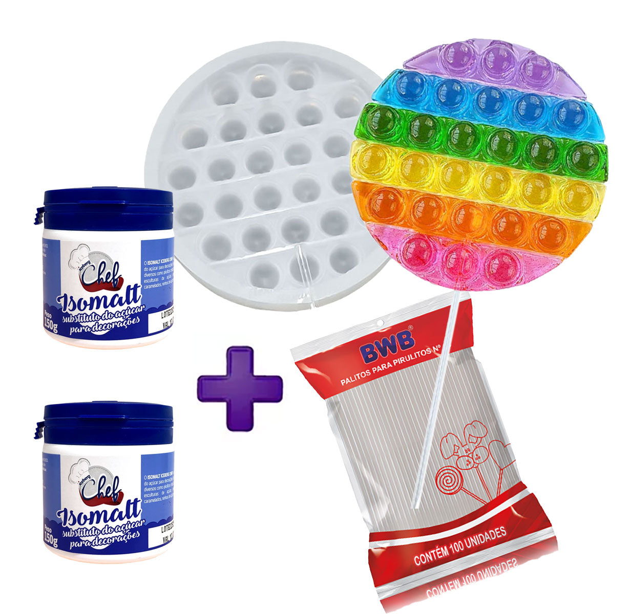 Molde Pirulito Fidget Pop It 12cm + 2 Isomalt 150gr + Brinde