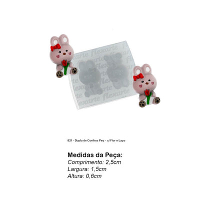 Molde de  Silicone 821 - Dupla de Coelhos Peq -  c/ Flor e Laço